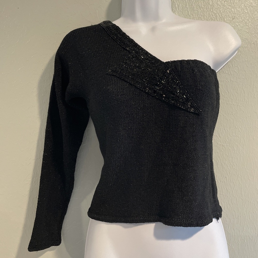 Vtg 60s?‎ Ann Caron  Asymmetrical One-Shoulder Knit Top Heavy Sequin Beading S